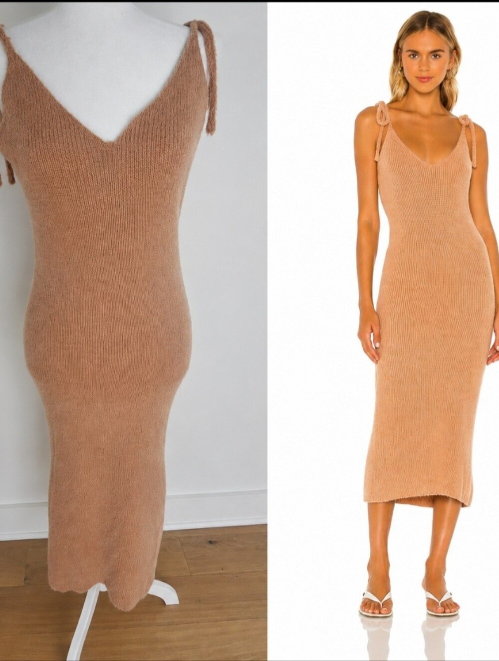 SNDYS Fur Baby Dress Women's Size S Caramel Beige Knit Midi Tie Strap